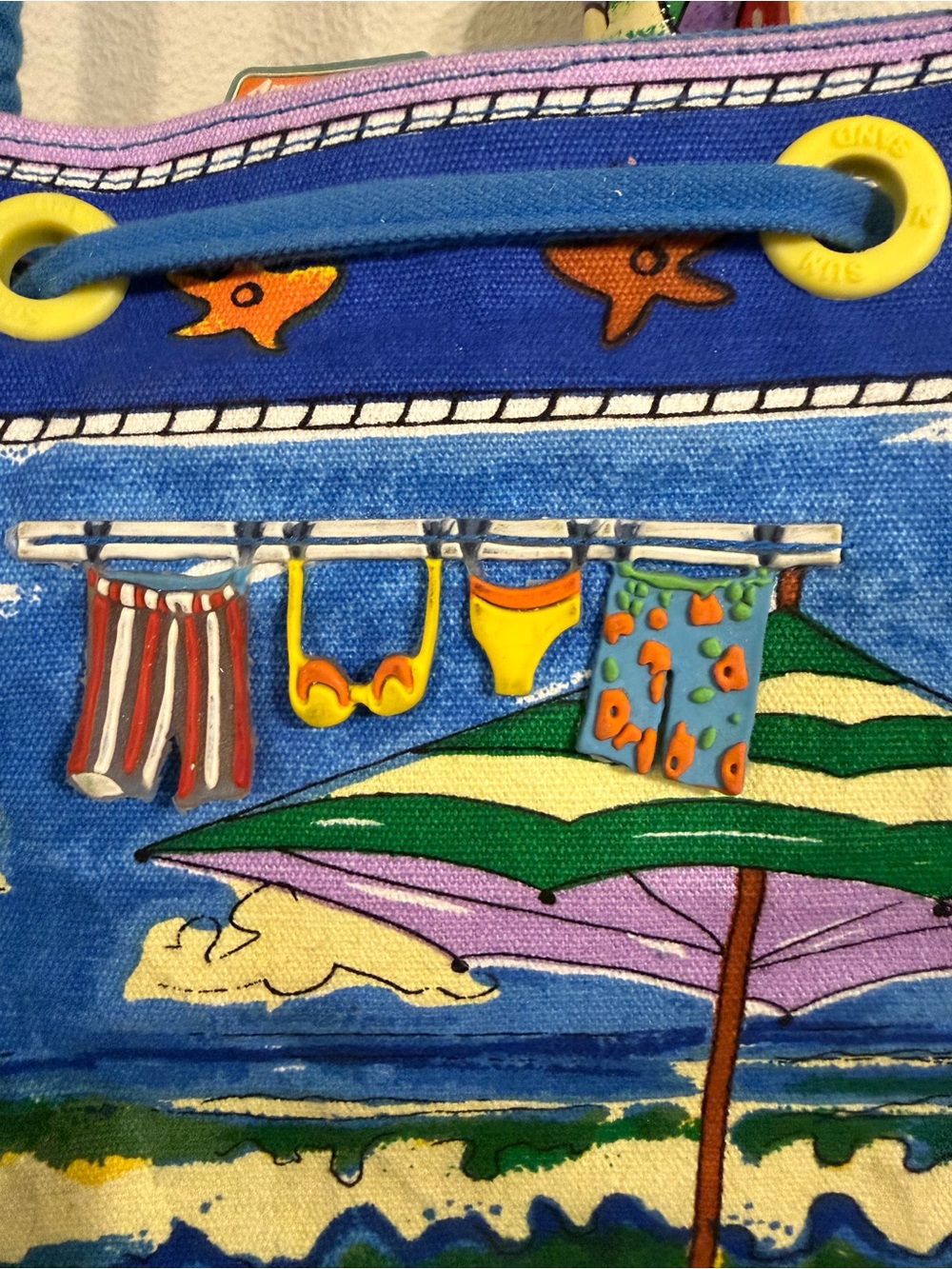 Anne Ormsby Sun N Sand Beach Scene Canvas Drawstring Tote Novelty Bag - Picture 5 of 12
